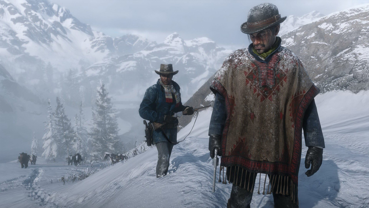 Cena do jogo Red Dead Redemption 2 com dois personagens caminhando por uma montanha cheia de neve