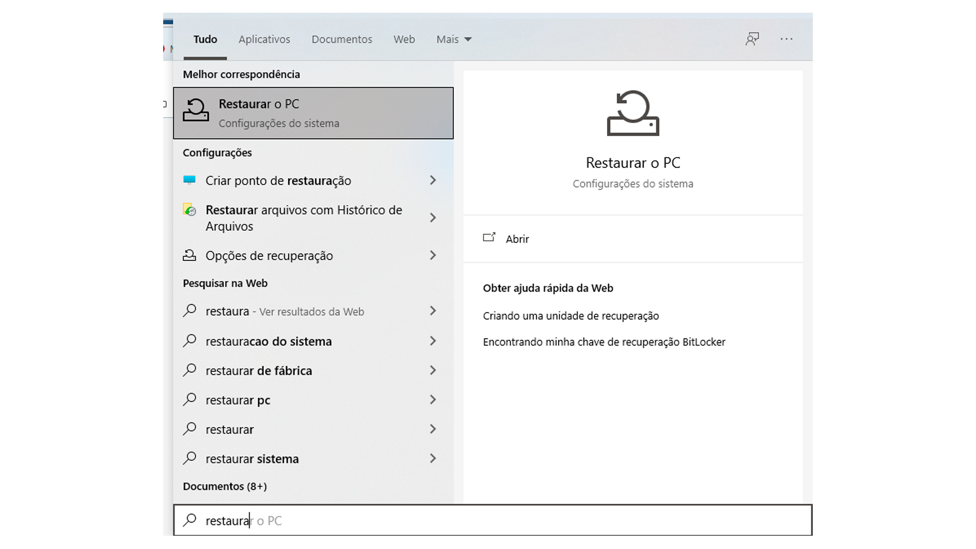 Procure pela opção de Restaurar o PC no menu Iniciar (Foto/Hugo Iwaasa)