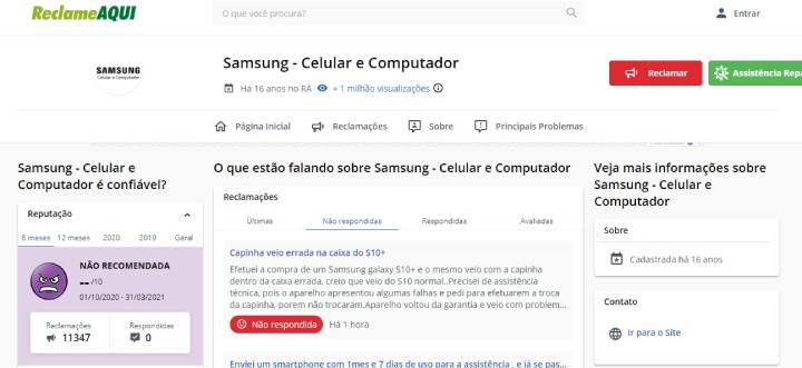 Não conseguimos concluir se essa é uma página falsa ou se a Samsung não costuma atender às reclamações no site (Fonte: Reprodução/Reclame Aqui)