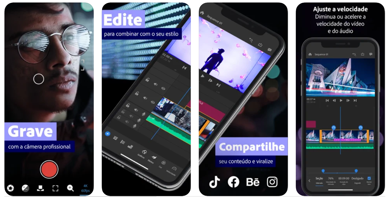 Imagem mostra interface do app Adobe Premiere Rush