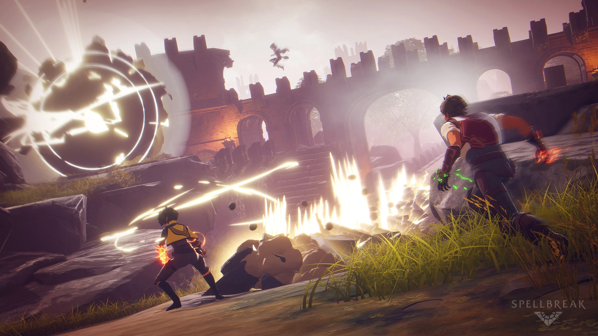 Ilustração promocional mostrando personagens arremessando feitiços em Spellbreak
