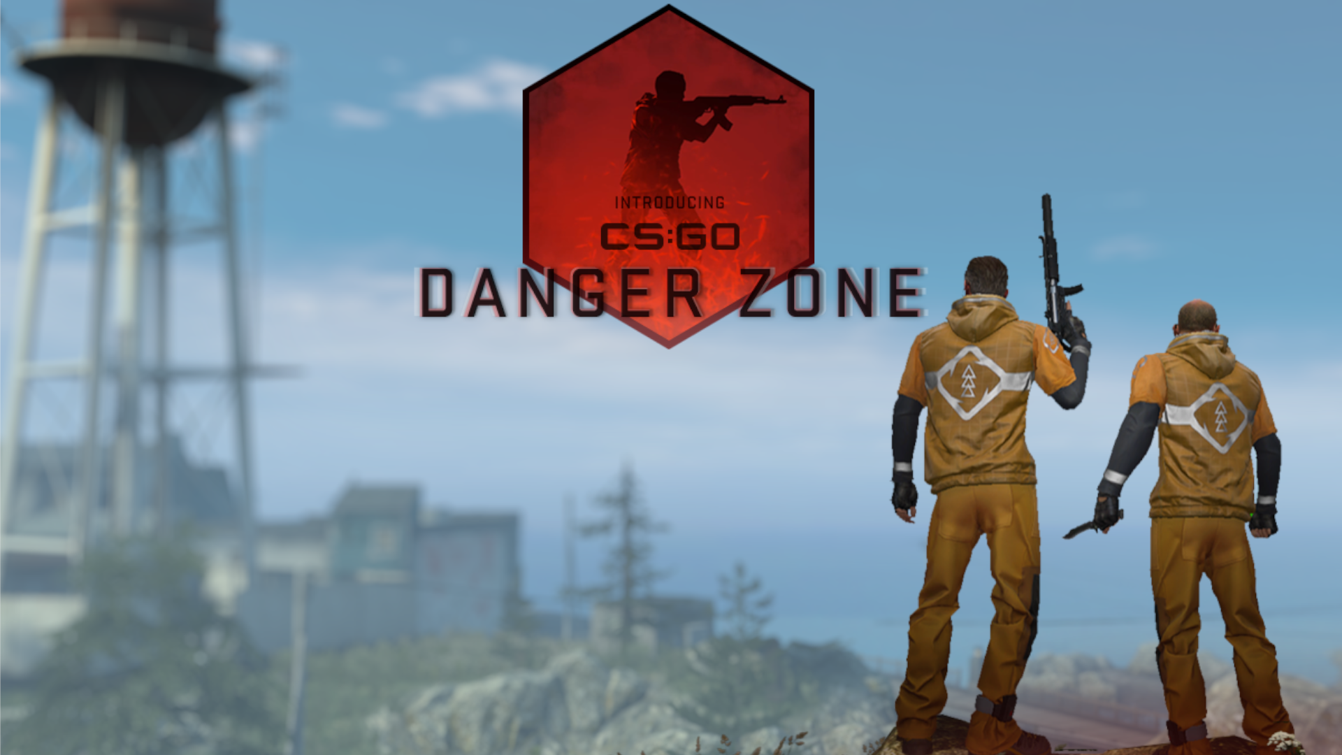 Ilustração promocional do modo Danger Zone de CS:GO, com dois personagens armados e com casaco amarelo