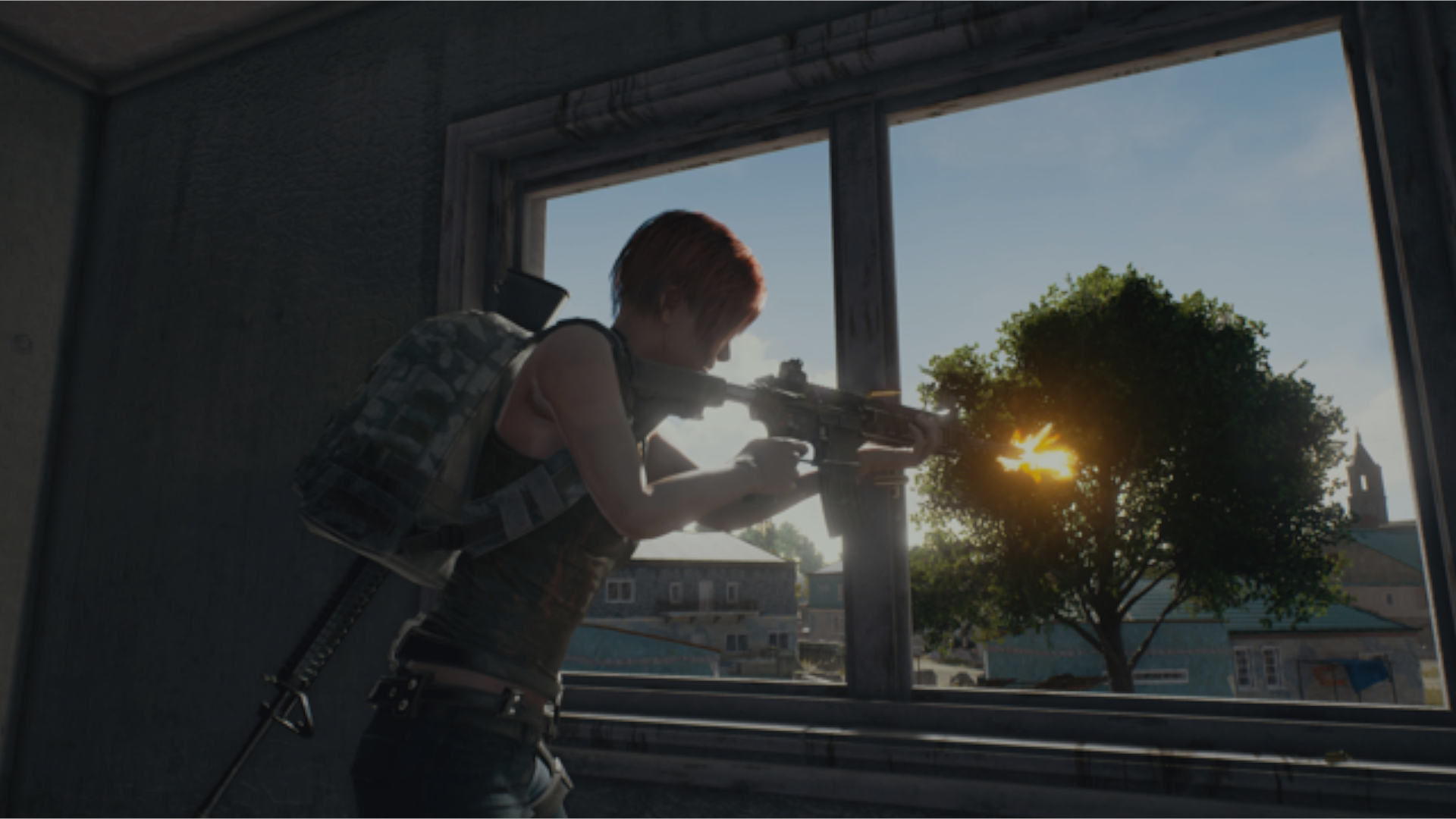 Ilustração promocional de PUBG mostrando personagem feminina atirando a partir da janela de uma casa