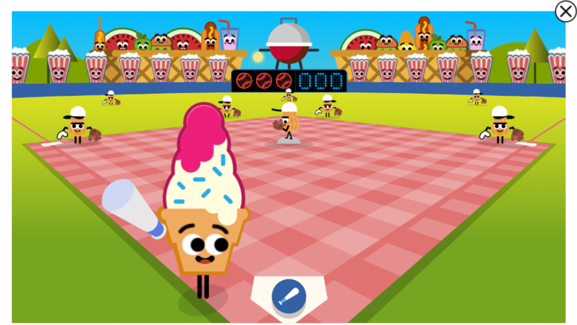 Beisebol e comida bem americana para celebrar o Quatro de Julho (Fonte: Google Doodle)