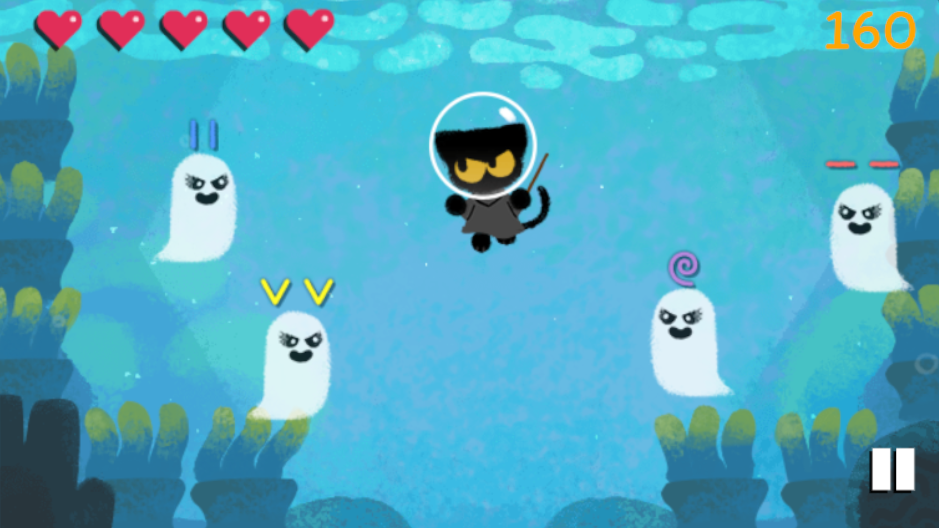 Um gato preto usa sua varinha mágica para enfrentar fantasmas em dois jogos comemorativos do Google Doodle (Fonte: Google Doodle)