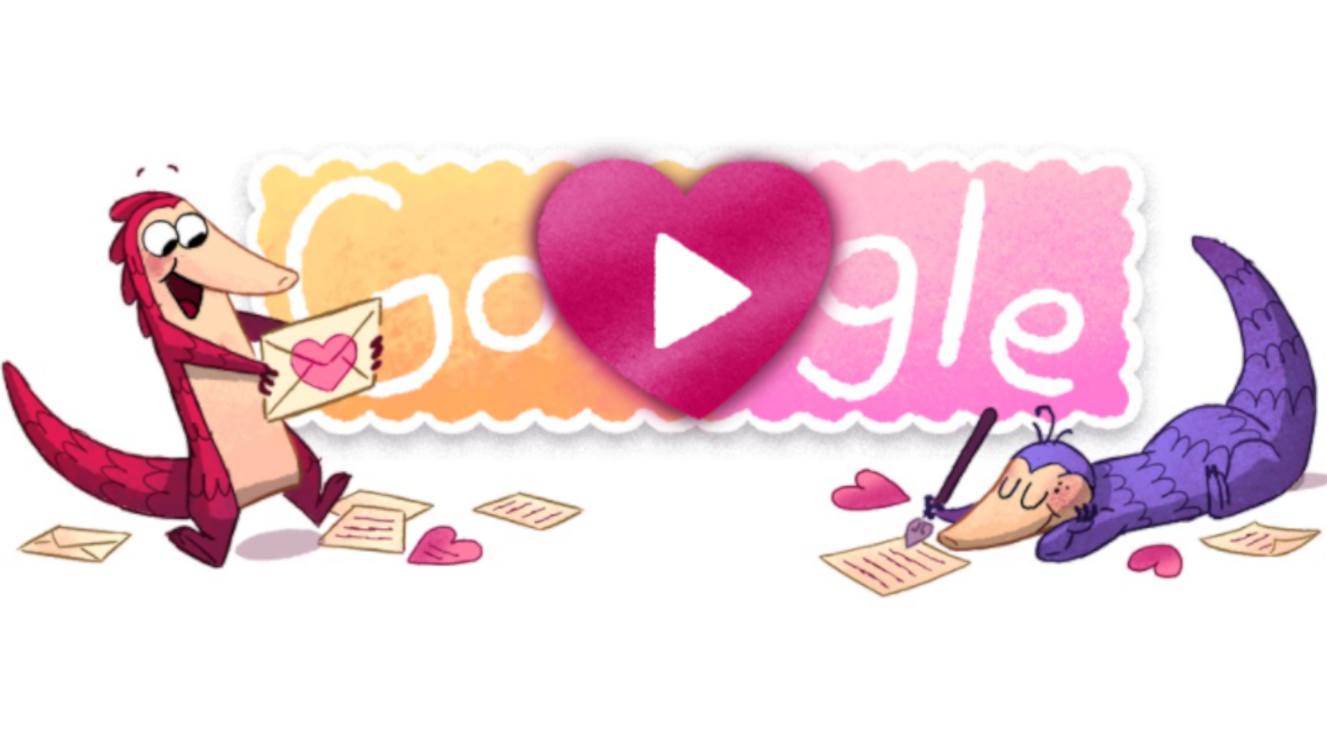 Google Doodle de dia dos namorados usa uma história romântica para falar sobre preservação dos pangolins (Fonte: Google Doodle)
