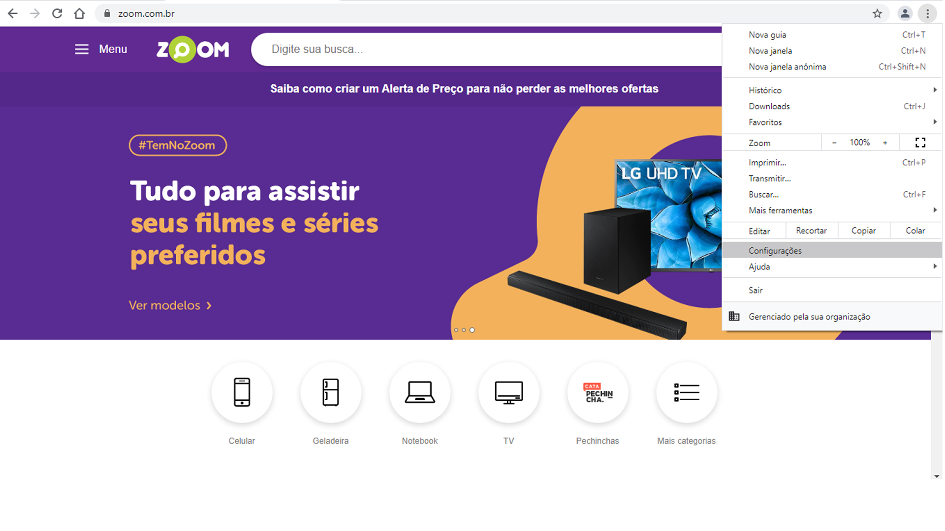 Acesse o seu navegador e clique nas configurações no canto superior direito. (Fonte: Reprodução)