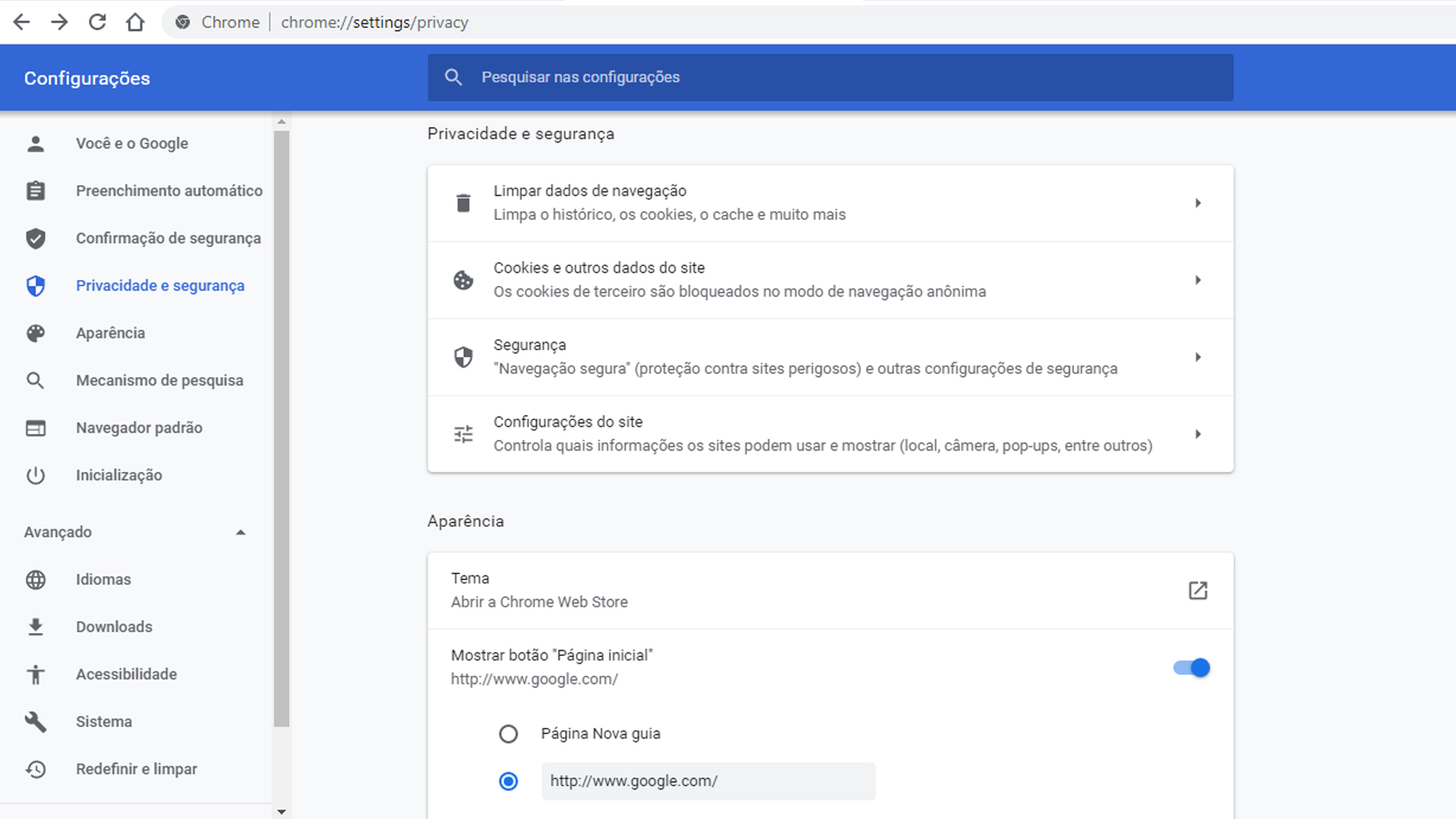 Ao clicar em privacidade e segurança, o usuário deverá clicar em configurações do site (Fonte: Reprodução)