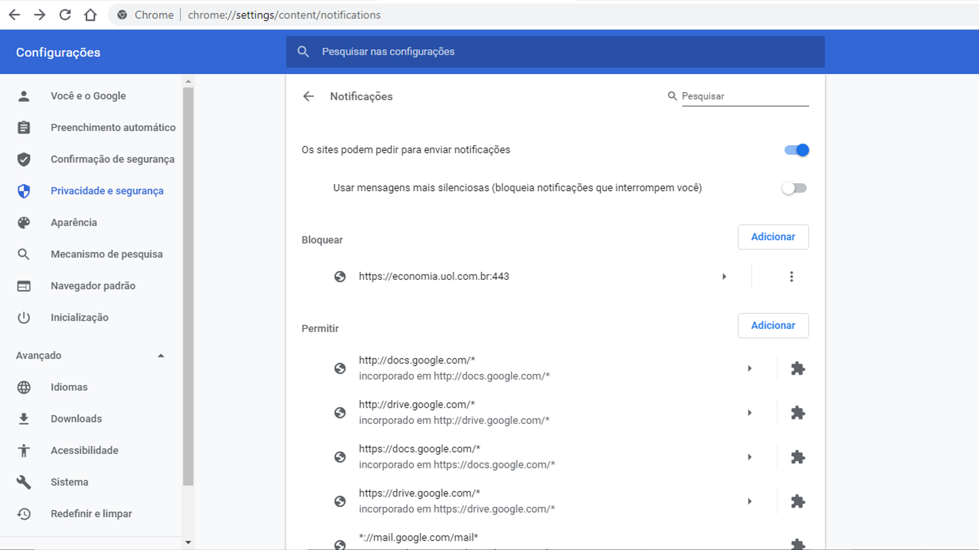 É possível bloquear ou permitir notificações de sites específicos ou de todos os sites que você acessar. (Fonte: Reprodução)