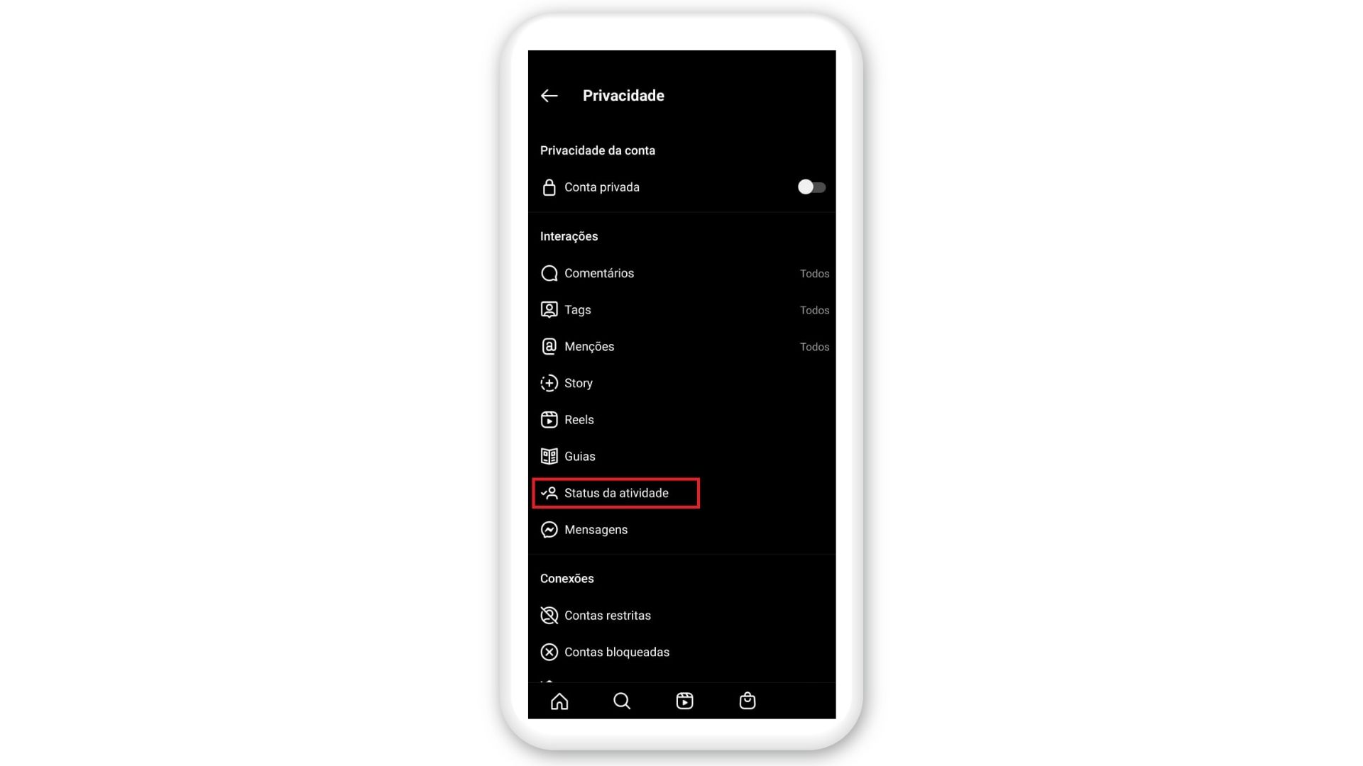 Como tirar o online do Instagram: além do status da atividade, você terá acesso a configuração de outras atividades da rede social (Foto: Reprodução)