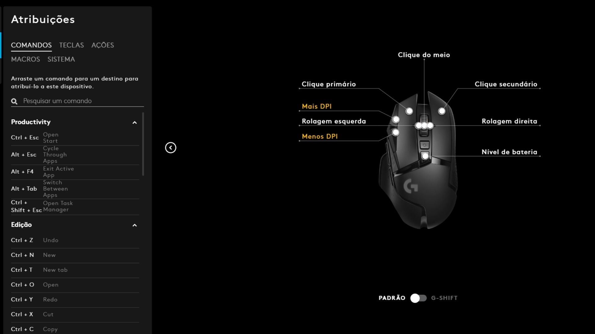 Esses são os comandos padrão dos botões de cima do mouse Logitech G502 Lightspeed (Reprodução: Guilherme Toscano)