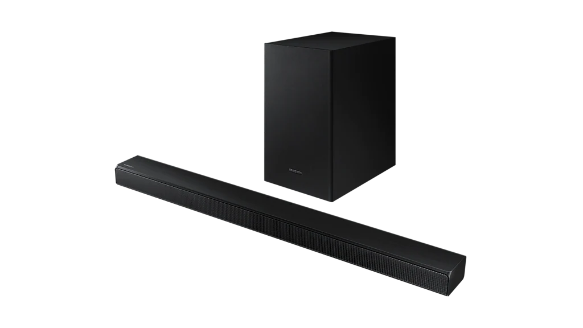 Com 86 cm de largura e 8,5 de profundidade, a soundbar Samsung T555 ocupa pouco espaço e esbanja elegância (Imagem: Divulgação/Samsung)