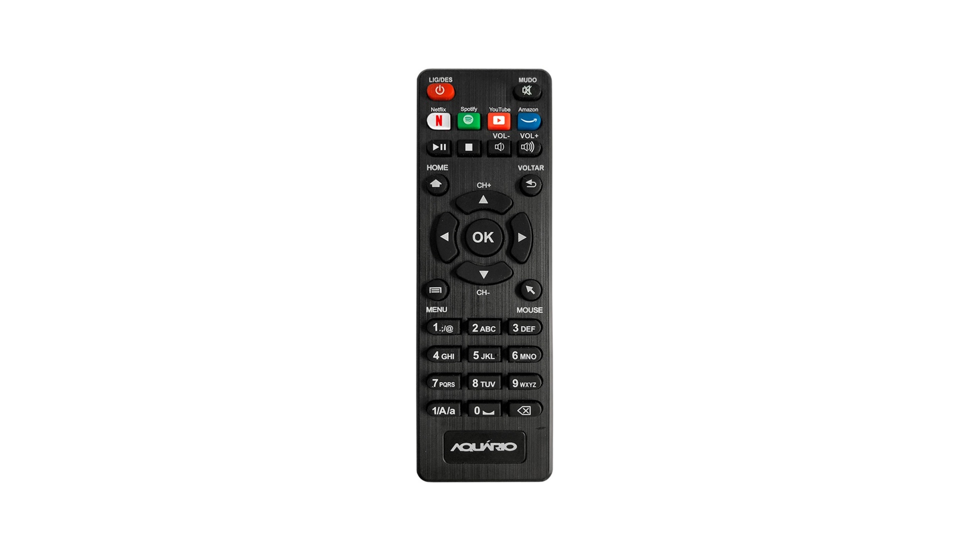 O controle remoto possui teclas de acesso rápido aos aplicativos Spotify, Netflix, Amazon Prime e Youtube. (Imagem: Divulgação/Aquário)