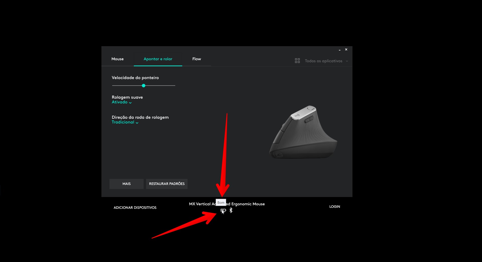 Você pode ver o nível de bateria do mouse Logitech MX Vertical em qualquer tela do Logitech Options (Foto: Reprodução/Filipe Salles)