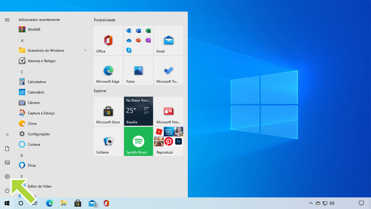 Abra o menu iniciar e selecione o ícone da engrenagem para abrir as configurações do seu Windows 10 (Reprodução: Redação Zoom)