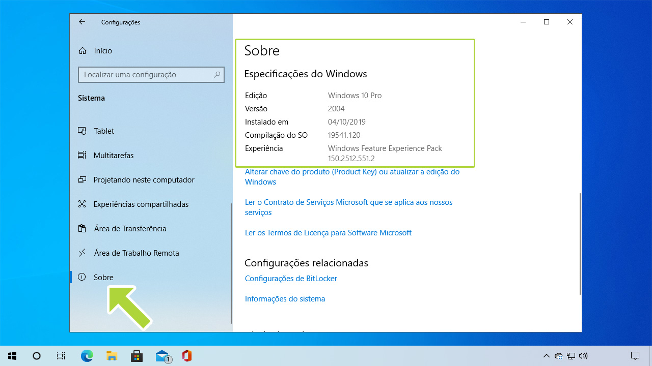 Na seção "Sobre" do menu o usuário terá como ver a versão do Windows 10 e mais detalhes (Reprodução: Redação Zoom)