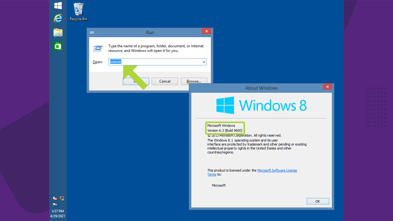 Utilize o menu Executar do Windows 8 e digite "winver" para ter como ver a versão do Windows instalada (Reprodução: Redação Zoom)