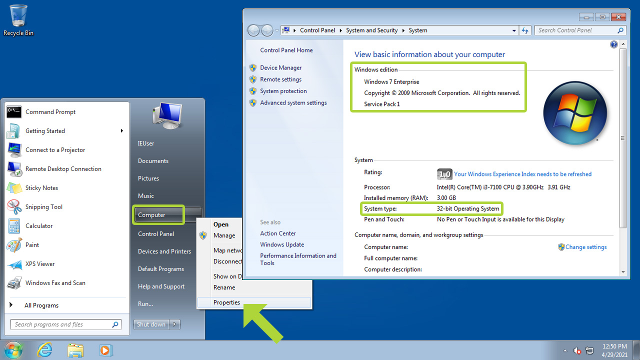 No Windows 7 clique em Computador com o botão direito, depois Propriedades e as informações do sistema operacional estarão disponíveis (Reprodução: Redação Zoom)