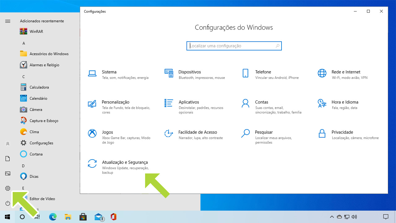 Abra o menu de Configurações como no primeiro passo, mas selecione a opção "Atualização e Segurança" (Reprodução: Redação Zoom)