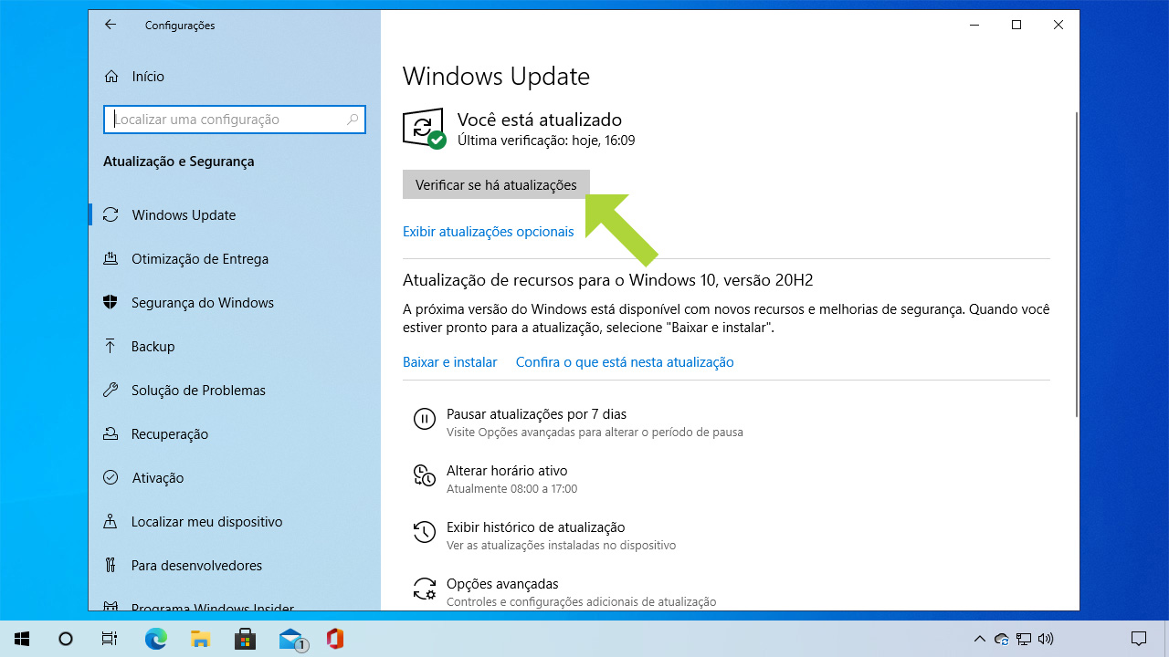 Na seção do Windows Update clique em "Verificar se há atualizações" para saber se a versão instalada do sistema é a mais recente (Reprodução: Redação Zoom)