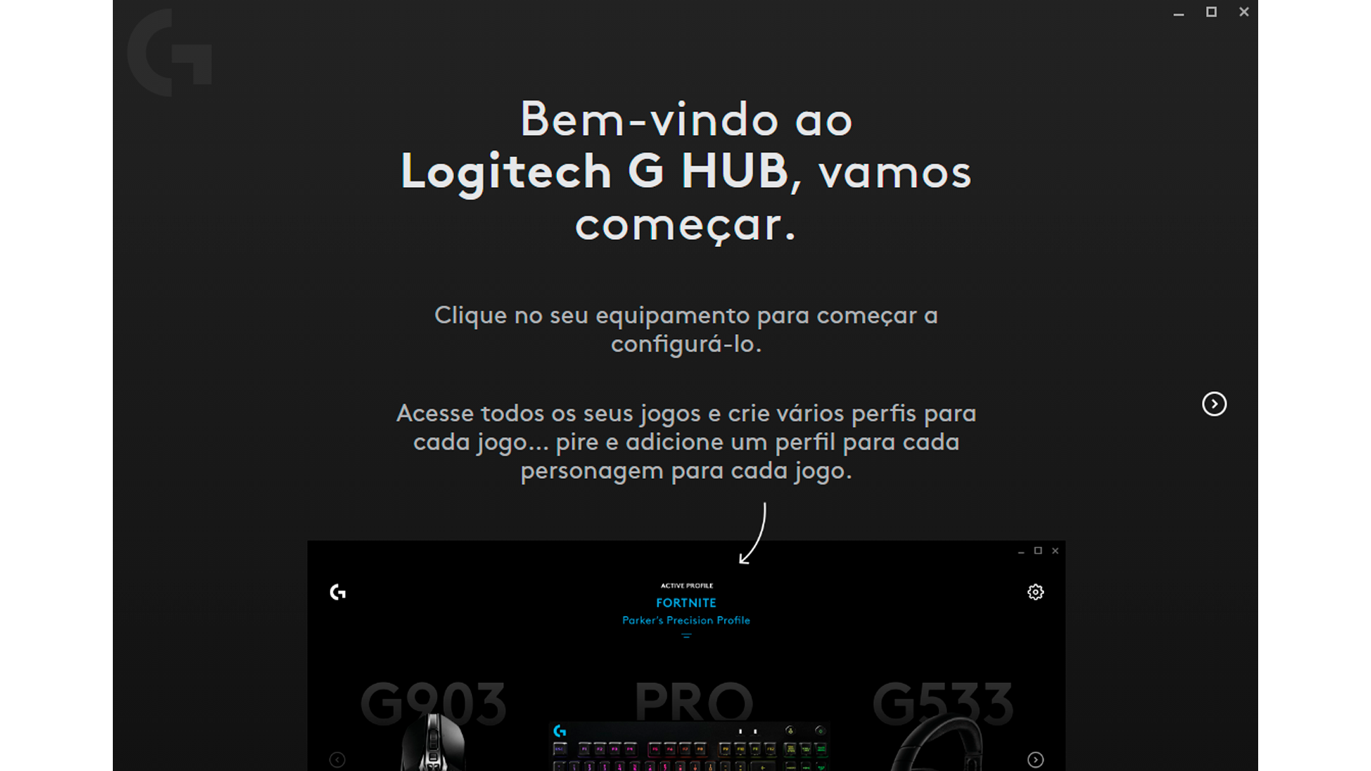 A tela inicial do Logitech G Hub (Foto/Hugo Iwaasa)