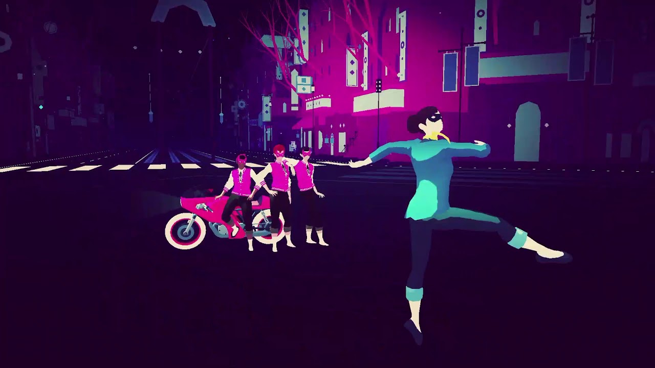 sayonara wild hearts apple arcadeJogo Sayonara Wild Hearts com mulher dançando de roupa verde e sendo observada por três homens de colete rosa em uma moto