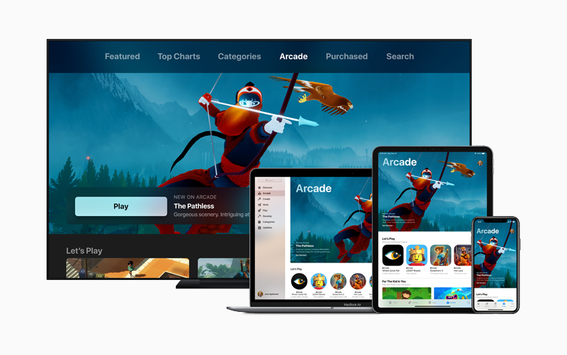 Vários dispositivos da Apple, como computador, notebook, tablet e iPhone, com jogo The Pathless na tela