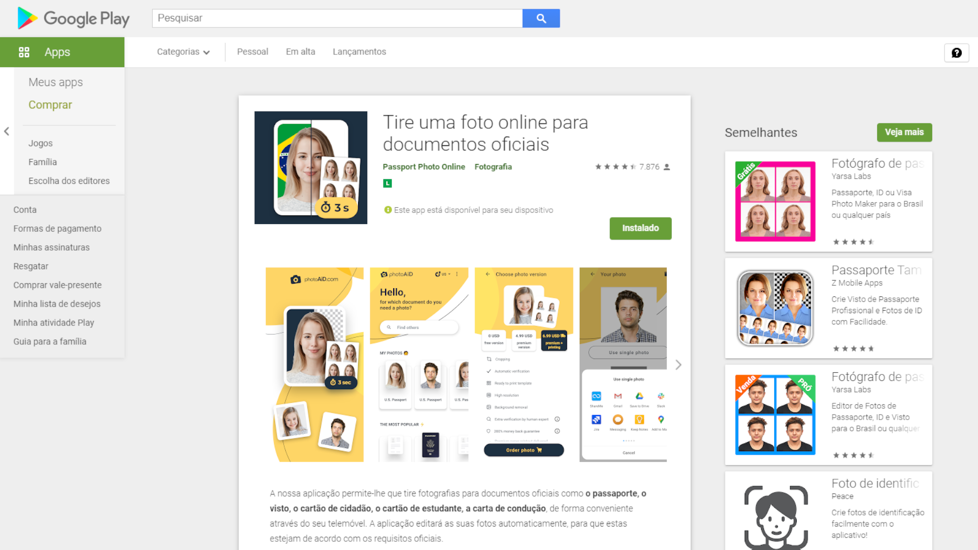 Na Play Store, o aplicativo aparece também com o título "Tire uma foto online para documentos oficiais" (Foto: Reprodução Google Play Store)