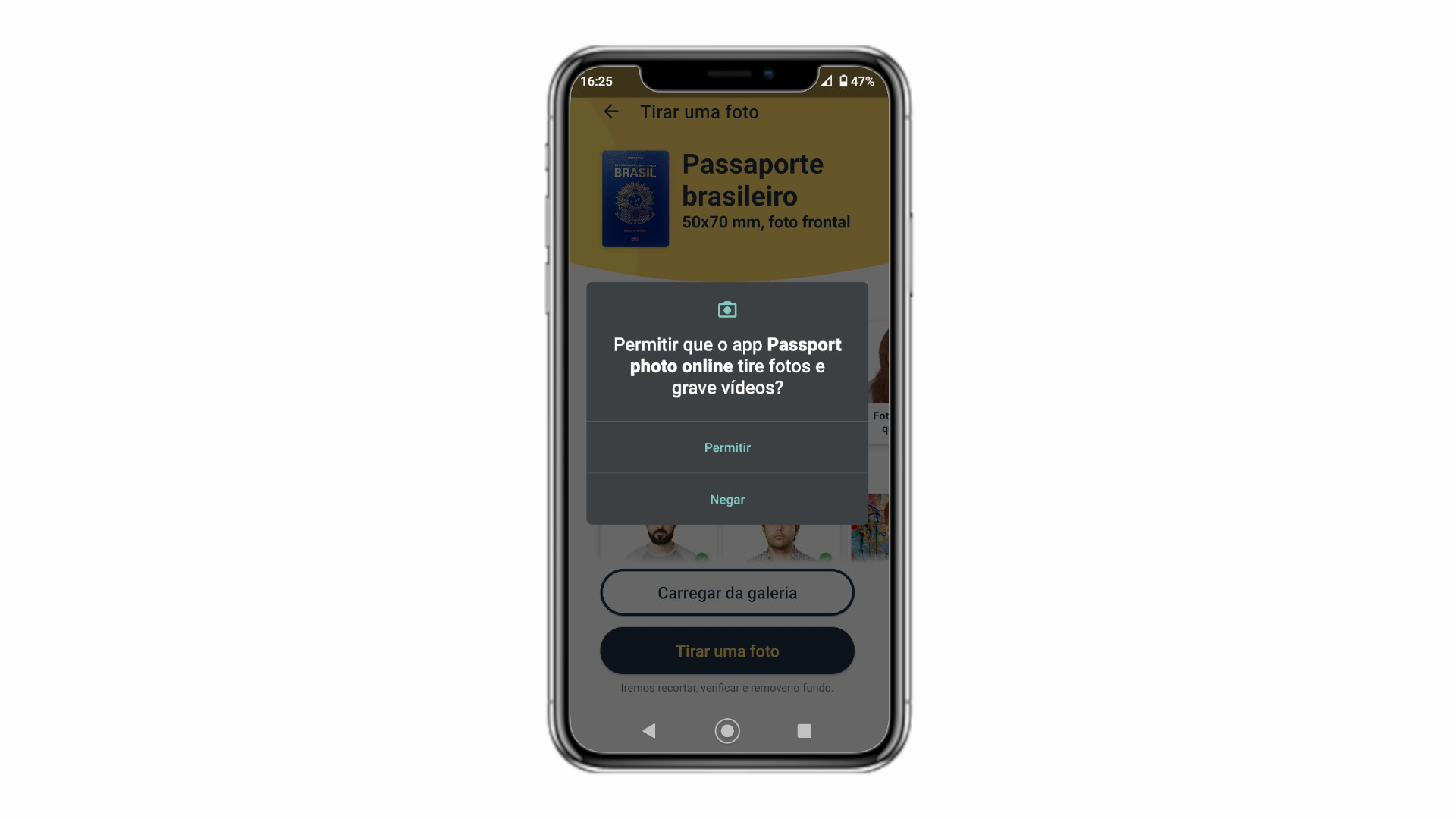 Escolha entre "carregar da galeria", para usar uma foto já tirada, ou "tirar uma foto", para fazer na hora, e clique em "permitir" para conseguir usar a câmera com o aplicativo (Foto: Zoom)