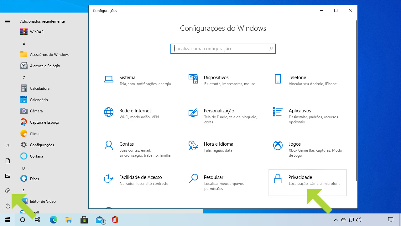 Clique no ícone da engrenagem para abrir as configurações do Windows e selecione a opção "Privacidade" (Reprodução: Redação Zoom)