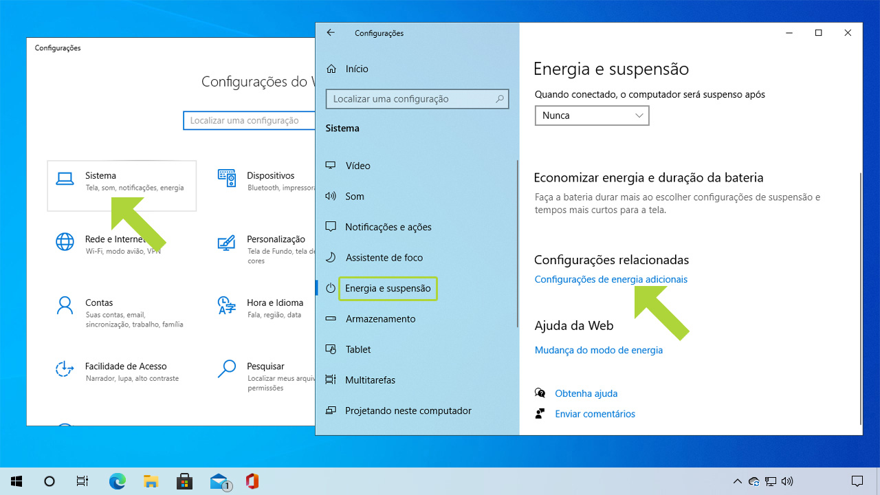 Abra a opção "Sistema" nas "Configurações", depois selecione "Energia e suspensão" no menu à esquerda e clique em "Configurações de energia adicionais" (Reprodução: Redação Zoom)