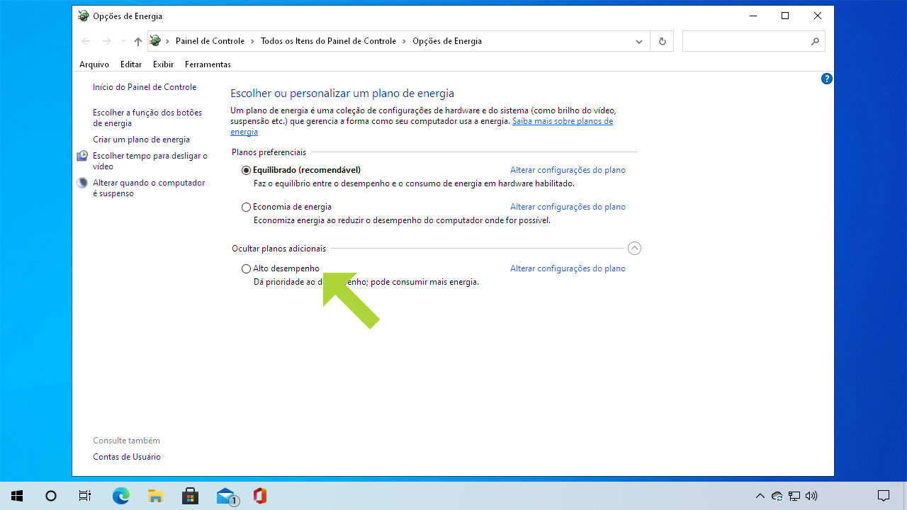 Mudar o plano de energia para "Alto desempenho" é uma das formas que o usuário tem como deixar o Windows 10 mais rápido, porém com maior gasto de eletricidade e bateria (Reprodução: Redação Zoom)
