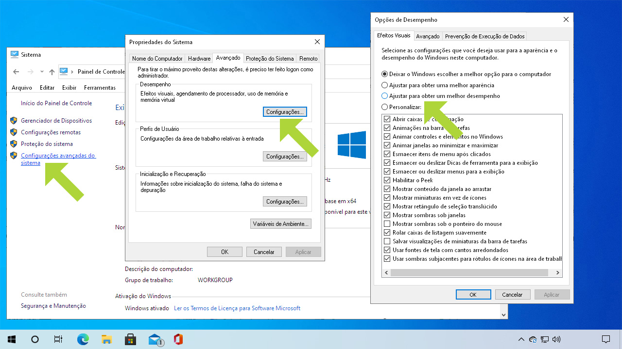 Nas "Configurações avançadas do sistema", selecione "Configurações" em "Desempenho" para ter acesso ao menu de "Efeitos Visuais" (Reprodução: Redação Zoom)