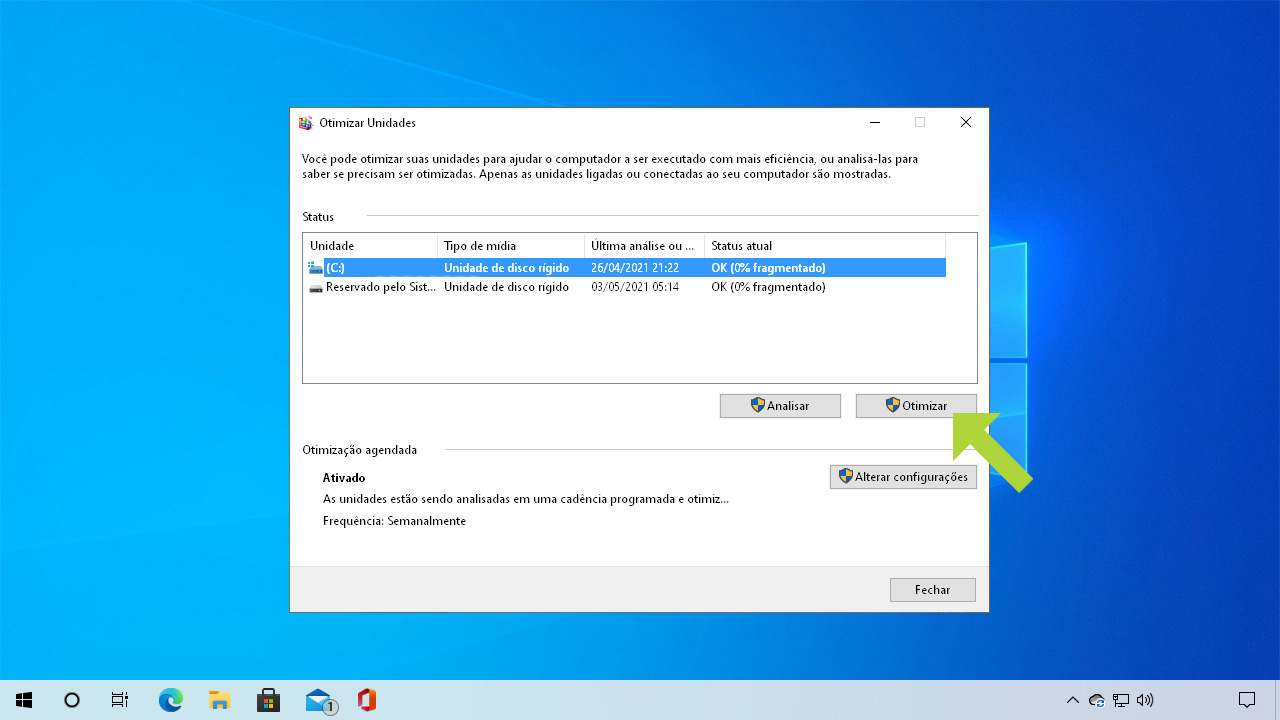 Caso o disco esteja apenas com 1% ou 0% de fragmentação, não é necessário desfragmentá-lo. Em "Alterar configurações" é possível estabelecer uma desfragmentação leve regularmente (Reprodução: Redação Zoom)