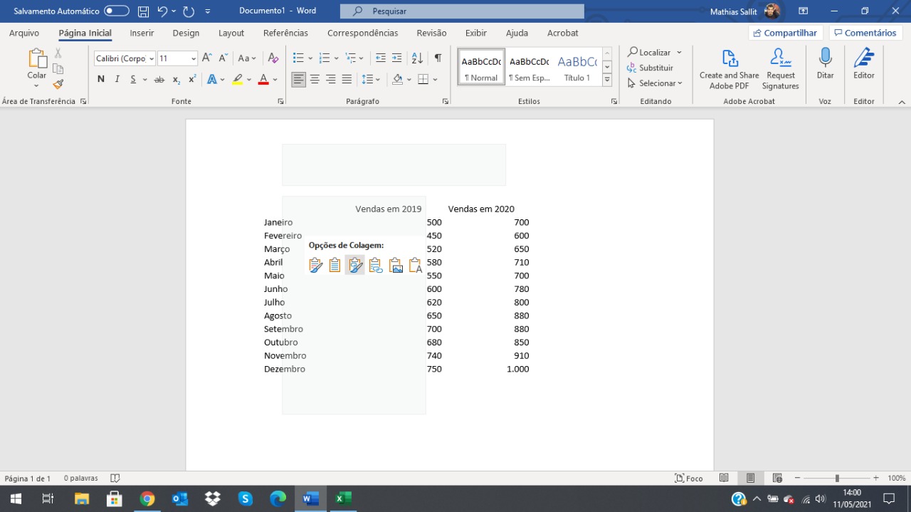 como adicionar tabela do excel no word 2