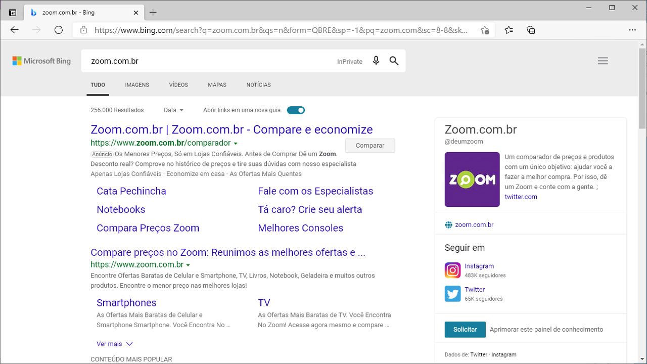Por padrão, o Edge utilizar o buscador Bing da Microsoft, mas usuários podem mudar essa definição nas configurações (Reprodução: Redação Zoom)