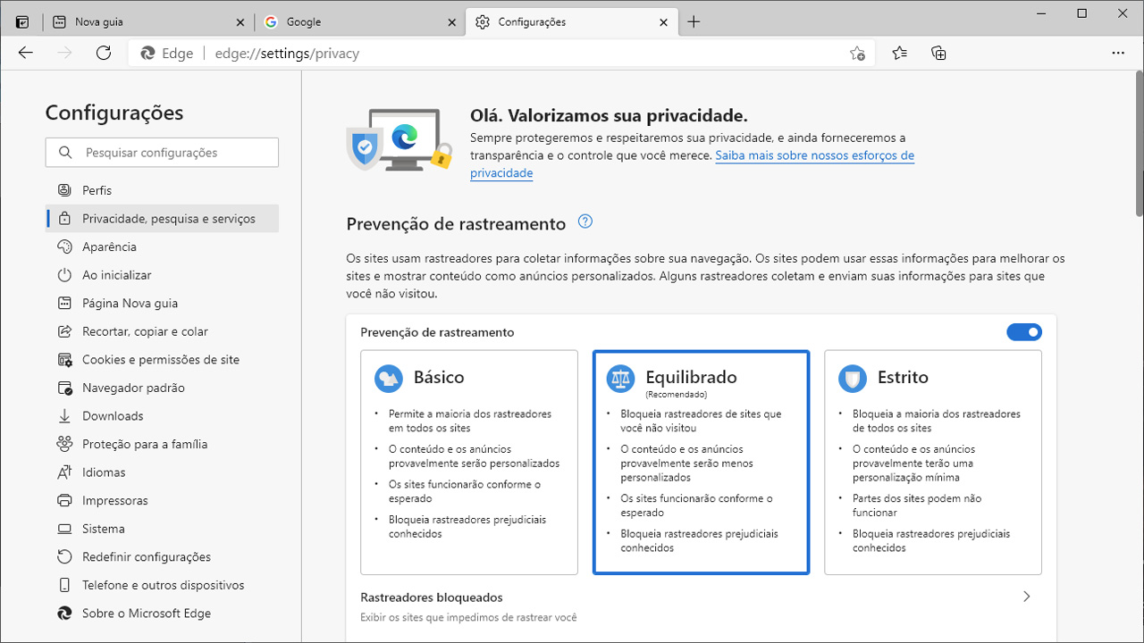 As opções de privacidade do Edge são mais claras do que a maioria dos navegadores, garantindo mais poder de decisão ao usuário sobre seus dados (Reprodução: Redação Zoom)