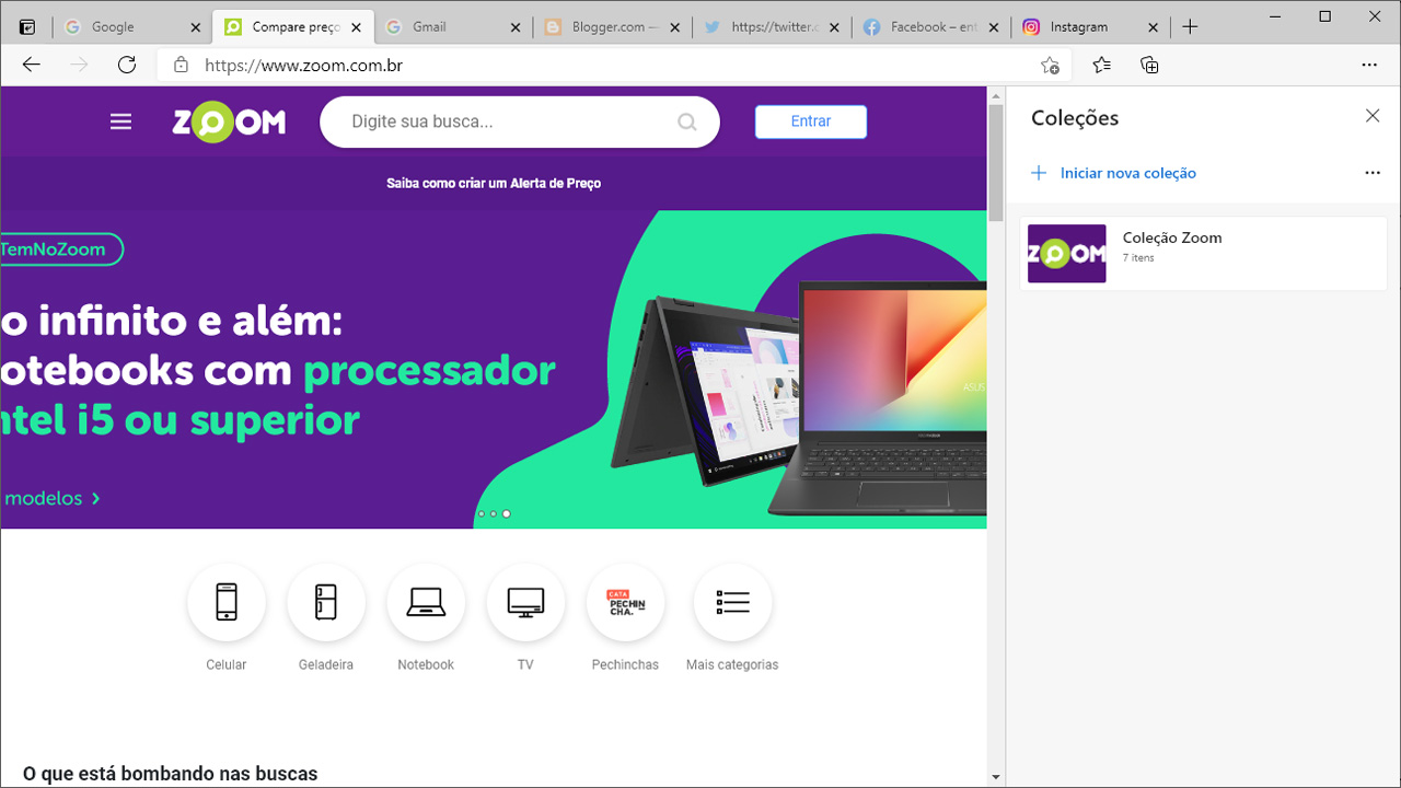 As Coleções do Edge ajudam a manter suas sessões de navegação salvas para consulta posterior (Reprodução: Redação Zoom)